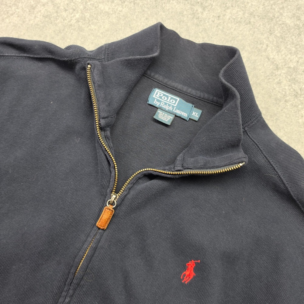 VTG Polo Ralph Lauren Mens XL Navy Blue Full Zip Sweatshirt Red Pony Mock Neck
